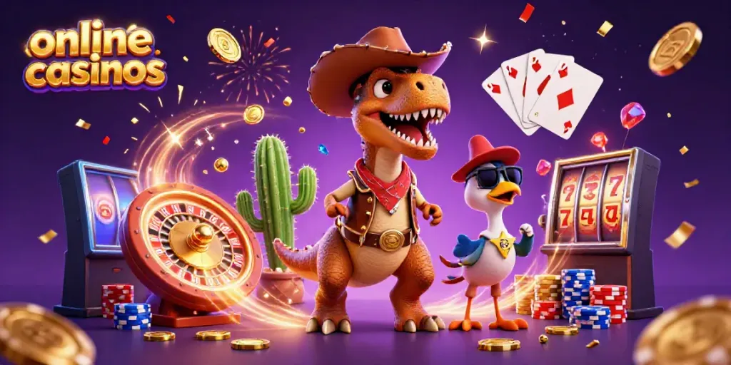 Join online casinos for thrilling action with a 3D T-Rex, slot reels, and excitement!
