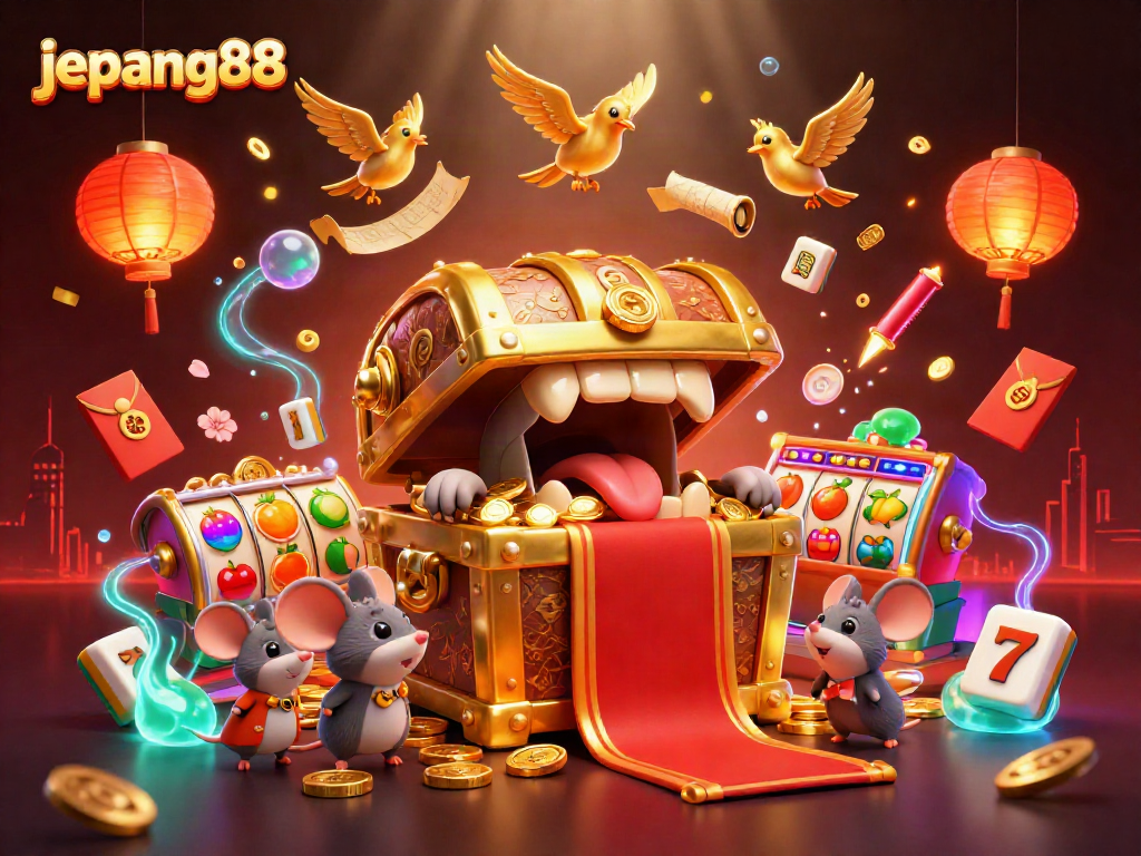 Engage with the world of jepang88 as an adventurous mouse discovers a treasure chest among dynamic slot game symbols.