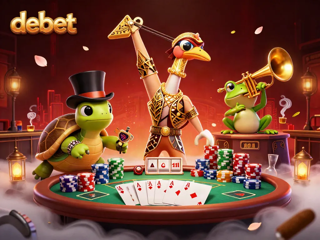 Engage in thrilling games at Debet with poker action, vibrant colors, and lively characters.