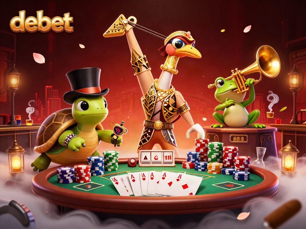 Engage in thrilling games at Debet with poker action, vibrant colors, and lively characters.