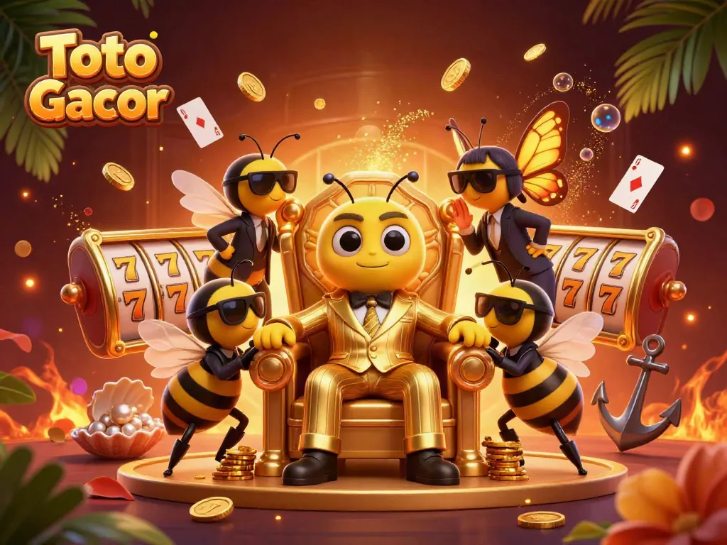 Gambar Toto Slot Gacor yang menarik dengan karakter dan elemen mesin slot yang kaya detail.