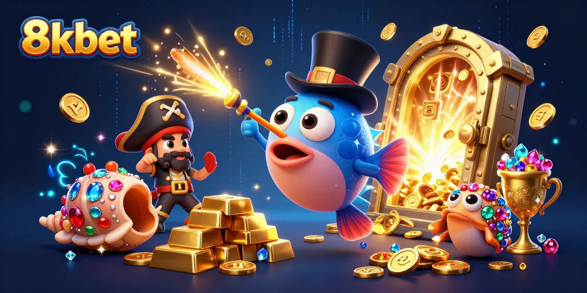 Spin and win with 8kbet as golden coins flow from an anglerfish surrounded by treasure elements.