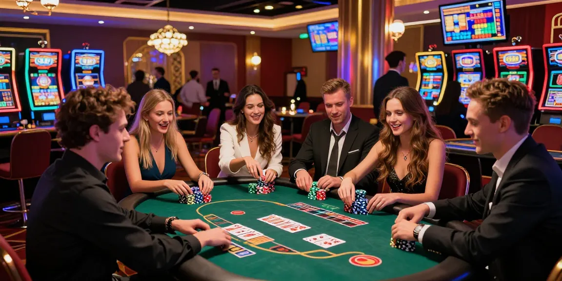 Situs toto gaming scene at a lively casino, friends playing poker with vibrant neon lights and excitement.