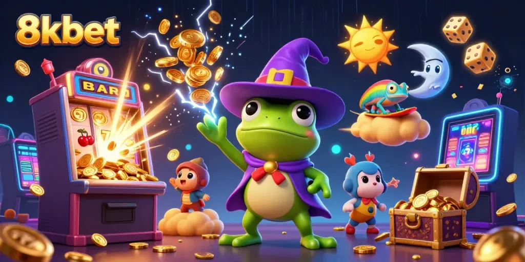 Experience the excitement of 8xbet with a vibrant scene of a wizard frog and chameleon amidst a jackpot of casino elements.
