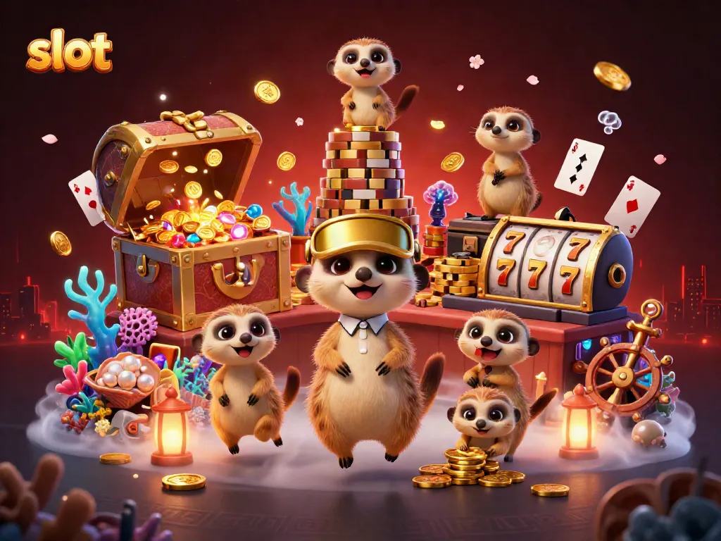 Meerkats engage in lively slot operation with gold coins and vibrant casino elements.
