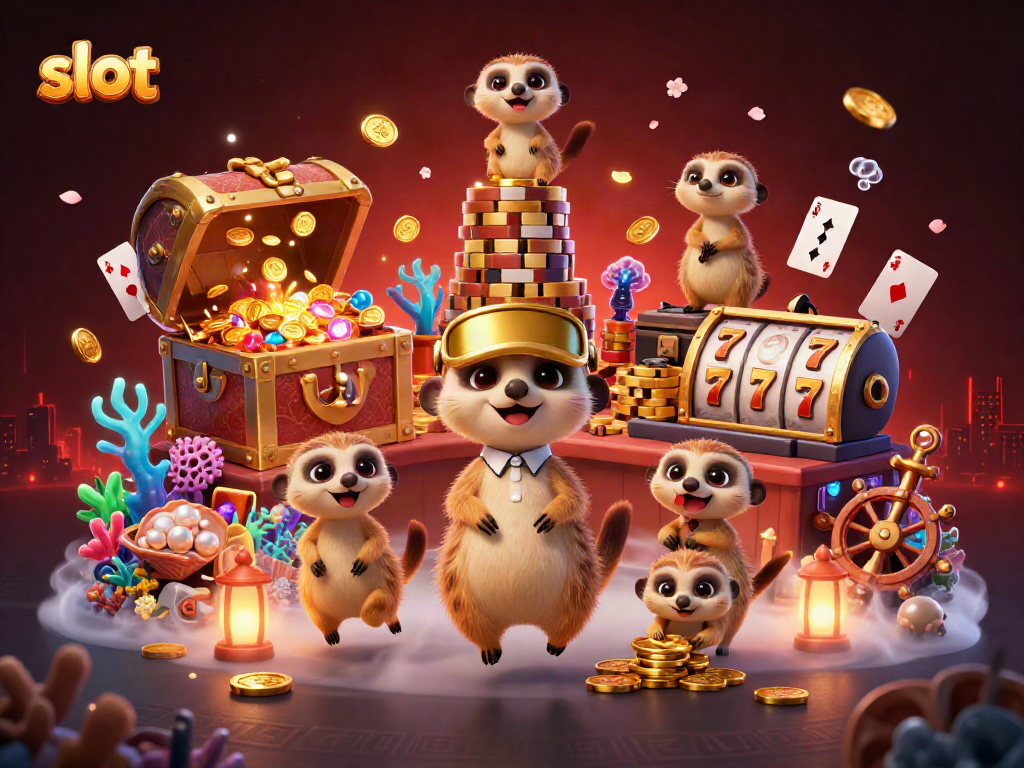 Meerkats engage in lively slot operation with gold coins and vibrant casino elements.