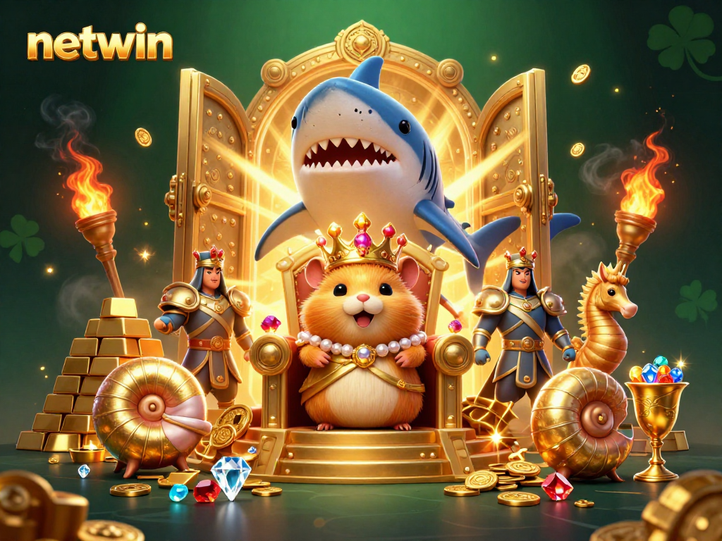 Win big with netwin in this vibrant 3D scene of a golden hamster king surrounded by riches.